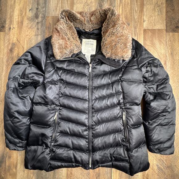 Eddie Bauer Premium Goose Down Quilted Puffer Jacket Women's 2XL Black Faux Fur - Picture 1 of 14